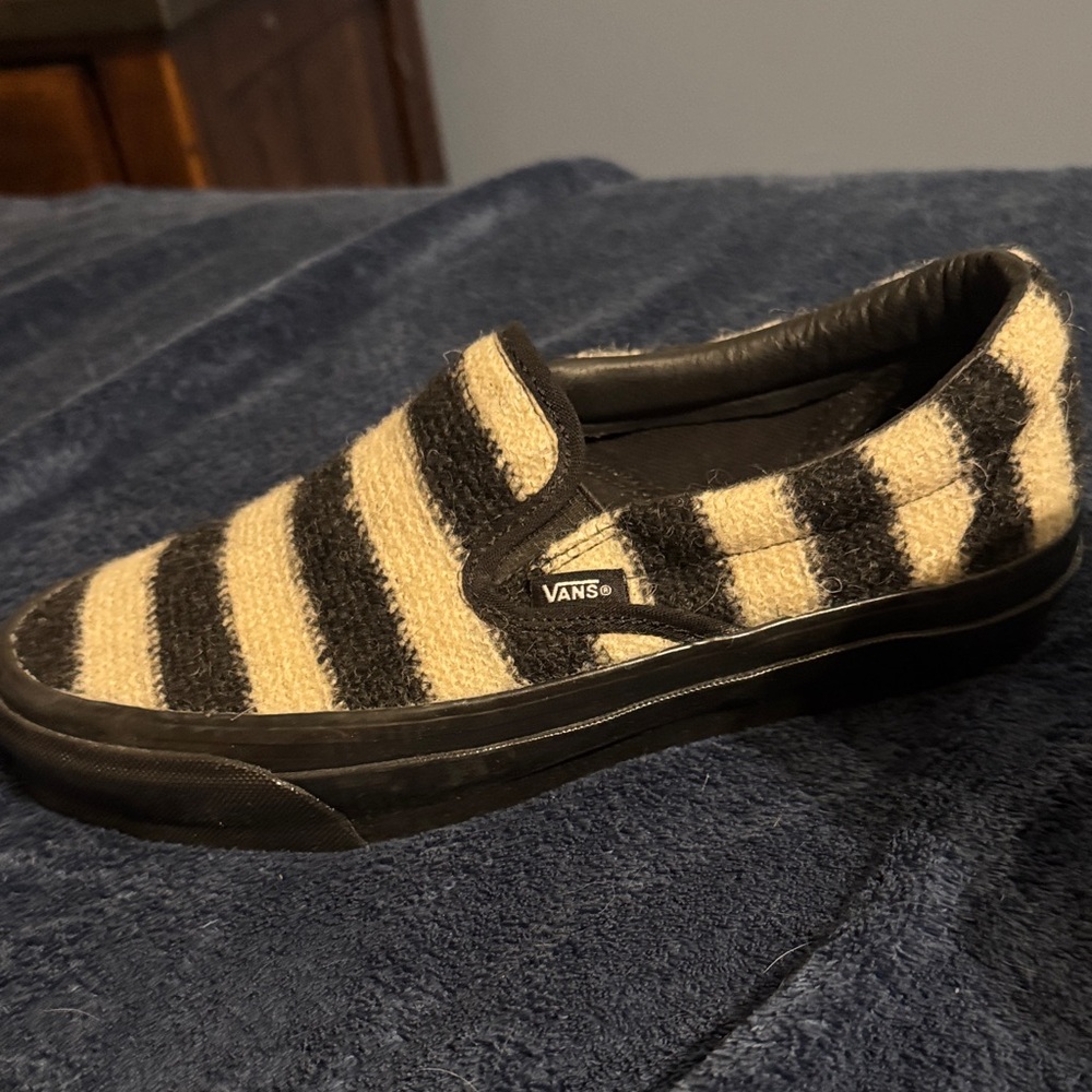 Vans Black and Cream Striped Slip-Ons